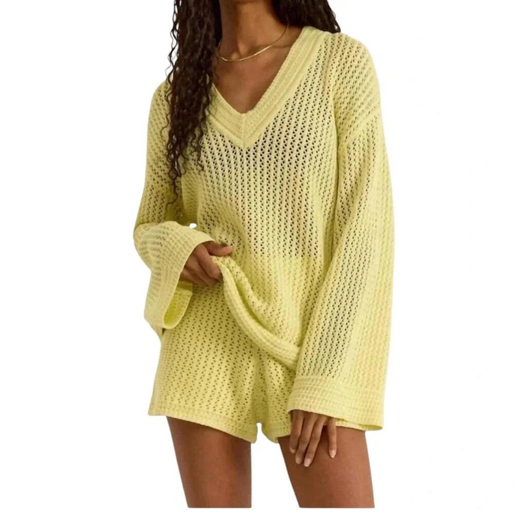 Z Supply Kiami v neck cotton open knit yellow sweater sweater size small